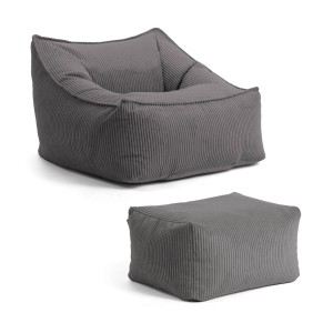 Anthrazitfarbener Cord Sitzsack Sessel mit Hocker, ideal als bequemer Lesesessel.