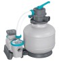 Sandfilteranlage mit Zeitschaltuhr für Pools. Heller Filtertank, graue Pumpe, türkise Ventile. Für sauberes Poolwasser.