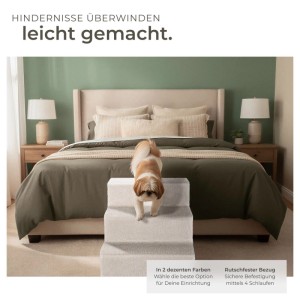 Sandfarbene Tectake Haustiertreppe mit Hund vor Bett. Treppe mit 3 Stufen.