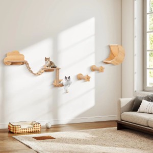 Costway Katzenbaum Wand Kletterbaum Holz Natur 6 PCS-Hängematte