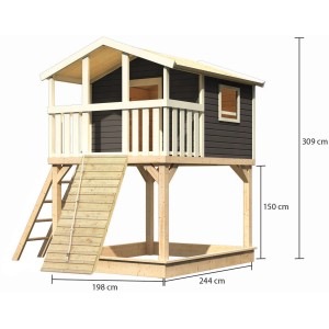 Karibu Stelzenhaus Benjamin mit Holzrampe in Terragrau, inkl. Sandkasten und Leiter.