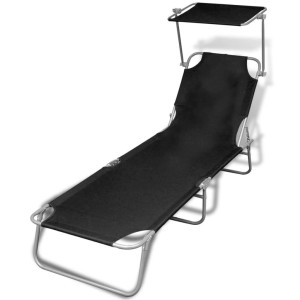Schwarze vidaXL Klappliege mit Sonnendach aus Stahl und Stoff für Garten oder Balkon.