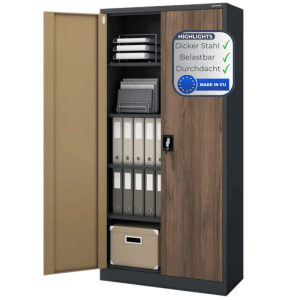 DELUKE Aktenschrank KADO, abschließbar, anthrazit-nussbaum, mit Ordnern und Büroartikeln.