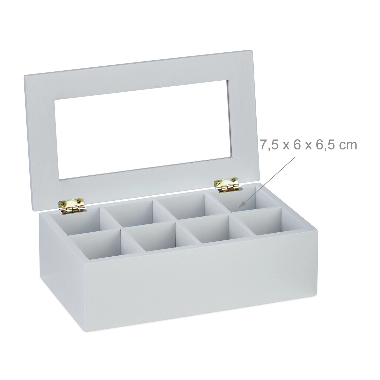 Weiße Relaxdays Teebox aus Bambus mit Acryl-Deckel und 8 Fächern zur Teeaufbewahrung.
