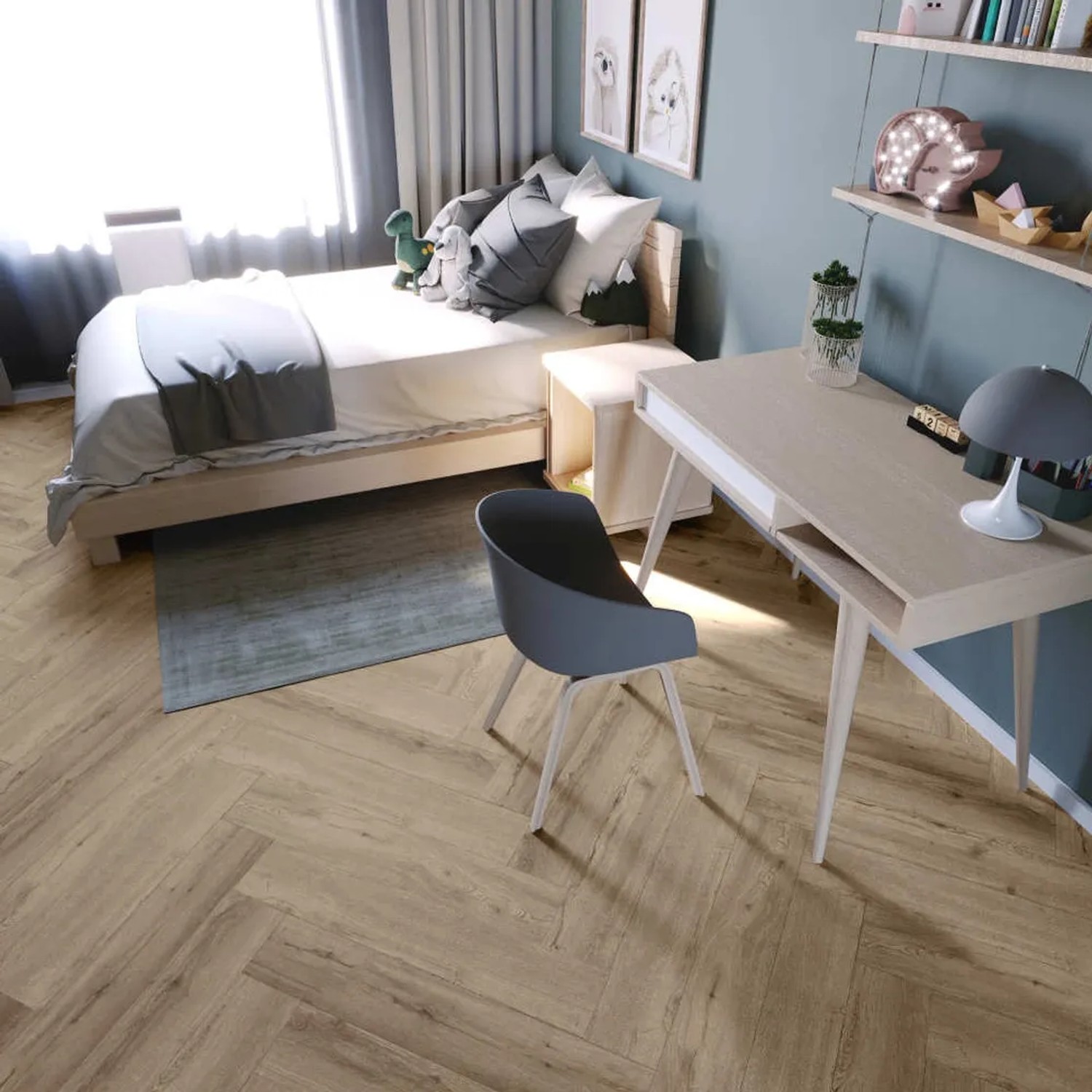 Anaturo Klebe-Vinylboden Eiche Varese Fischgrät in einem Kinderzimmer mit Bett und Schreibtisch.