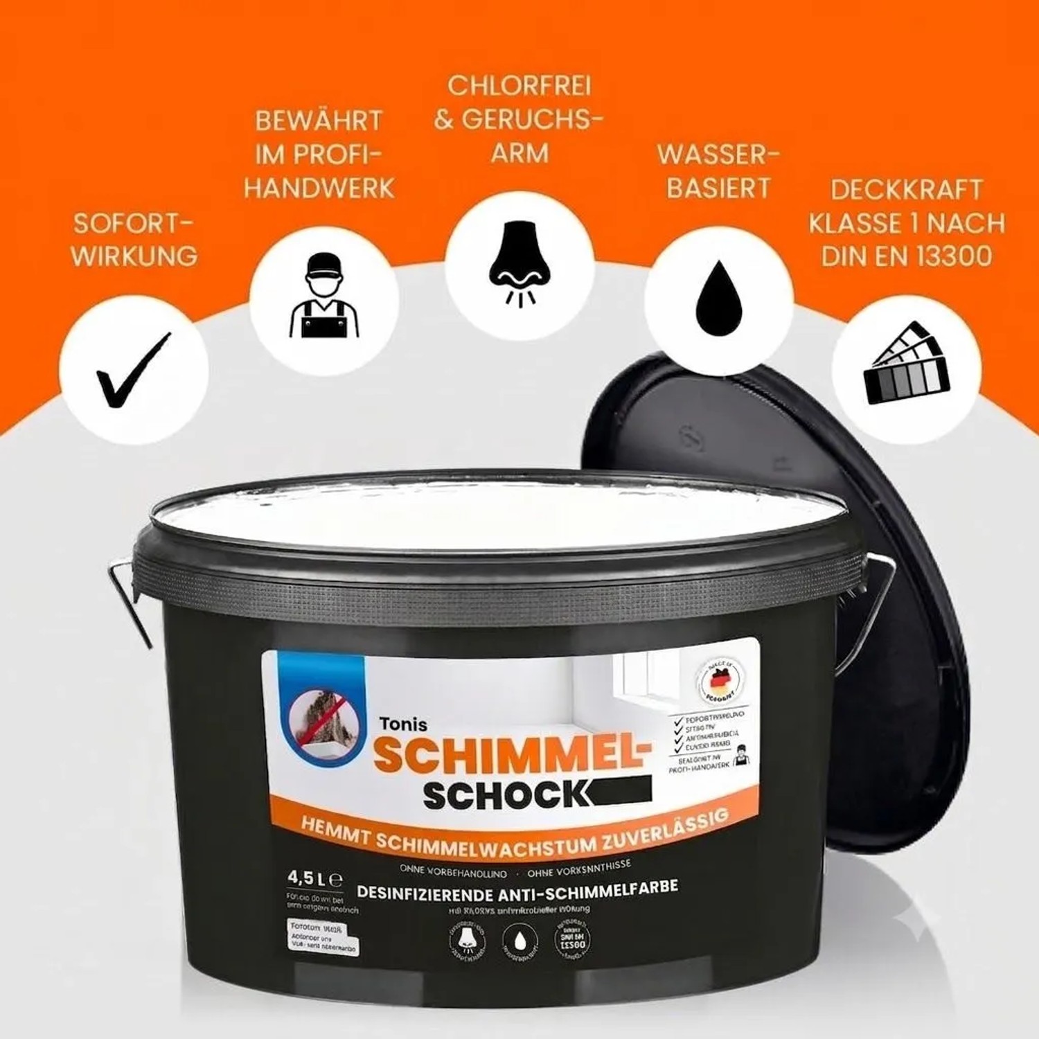 Tonis SCHIMMELSCHOCK Anti-Schimmel-Farbe 4,5 L weiß. Chlorfrei, geruchsarm, wasserbasiert, hohe Deckkraft für Wände & Decken.