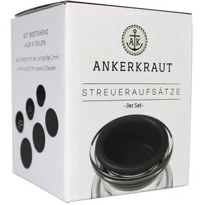 Ankerkraut Korkenglas Streuaufsatz Set mit 3 Lochgrößen in Produktverpackung.