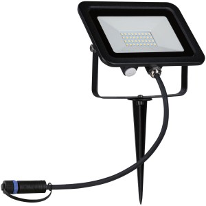 Schwarzer Paulmann Outdoor LED Fluter mit Erdspieß, 5W, warmweißes Licht für Außenbeleuchtung.