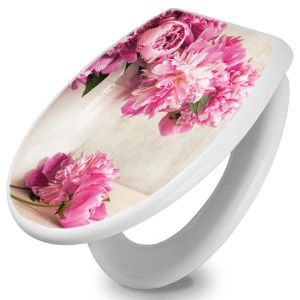 Weißer WC-Sitz mit Absenkautomatik und Pfingstrosen Motiv von Banjado.