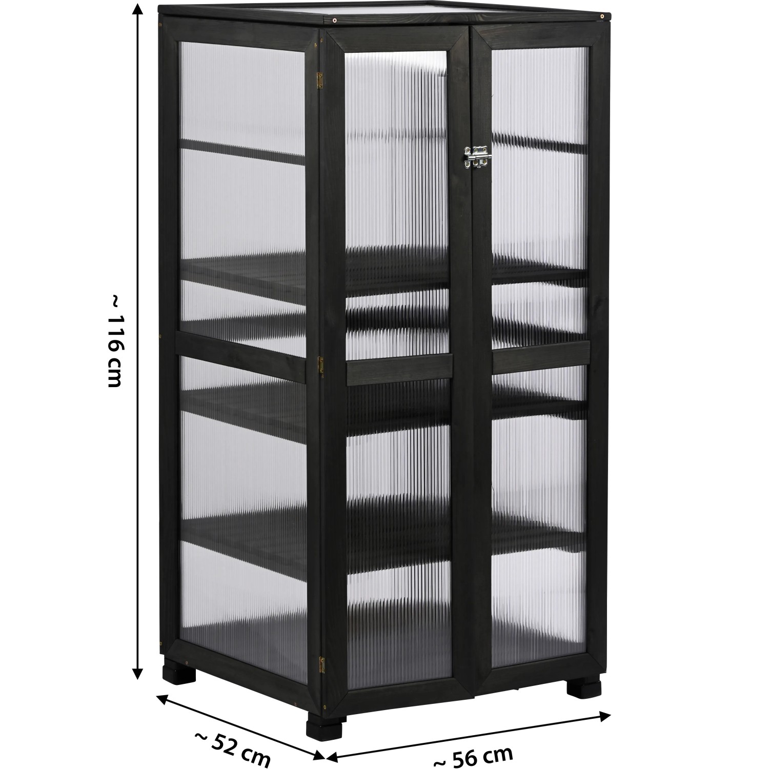 Großer, anthrazitfarbener Dobar Anzuchtschrank Dome aus FSC®-Kiefernholz mit Polycarbonat-Wänden und Regalböden.
