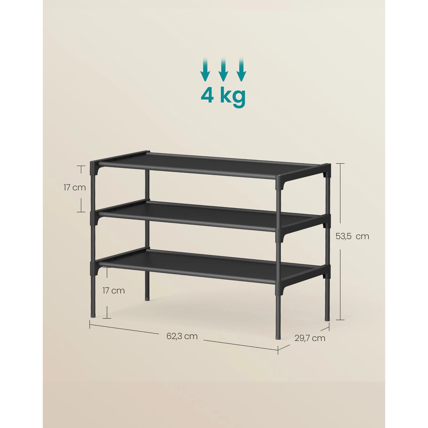 Schwarzes Songmics Schuhregal mit 3 Ebenen, Maße 62,3x53,5x29,7 cm, für bis zu 12 Paar Schuhe.