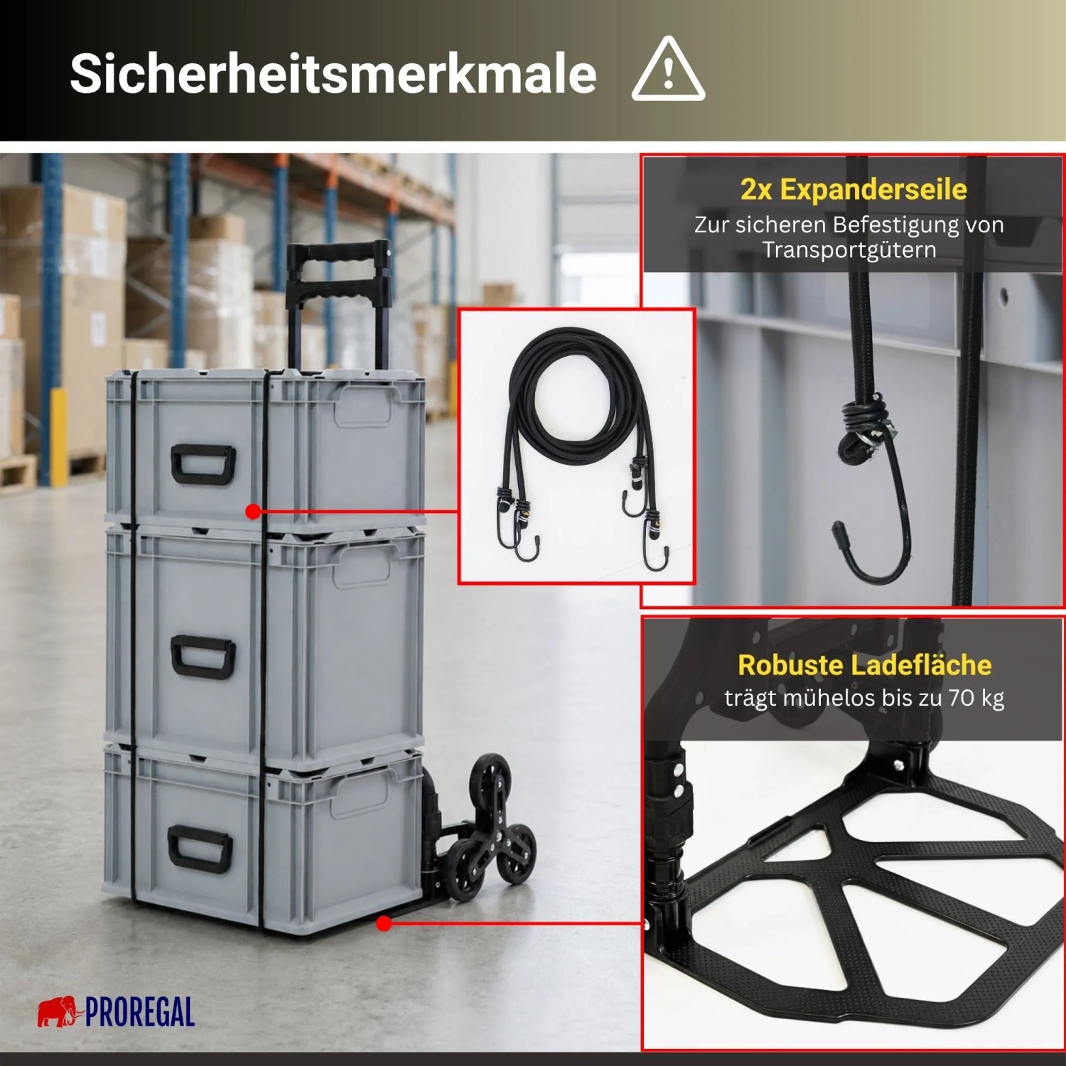 PROREGAL Klappbare Treppensackkarre ELEPHANT, schwarz, mit grauen Kisten, Expanderseilen. Robuste Ladefläche für Transport.