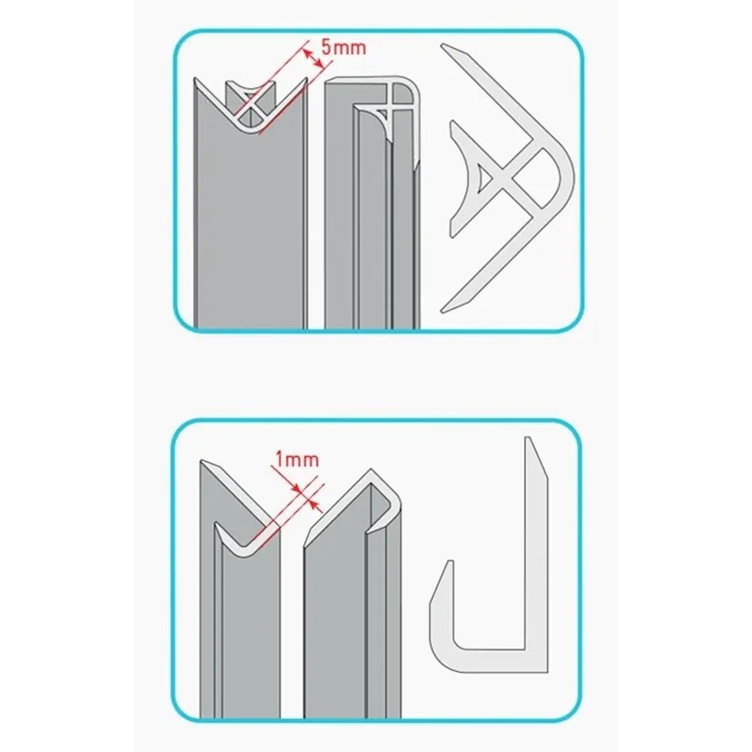 Diagramm von Aluminium Eck- und U-Profilen (210cm) für Duschrückwand Montagezubehör, zeigt 5mm Eck- und 1mm U-Profil.