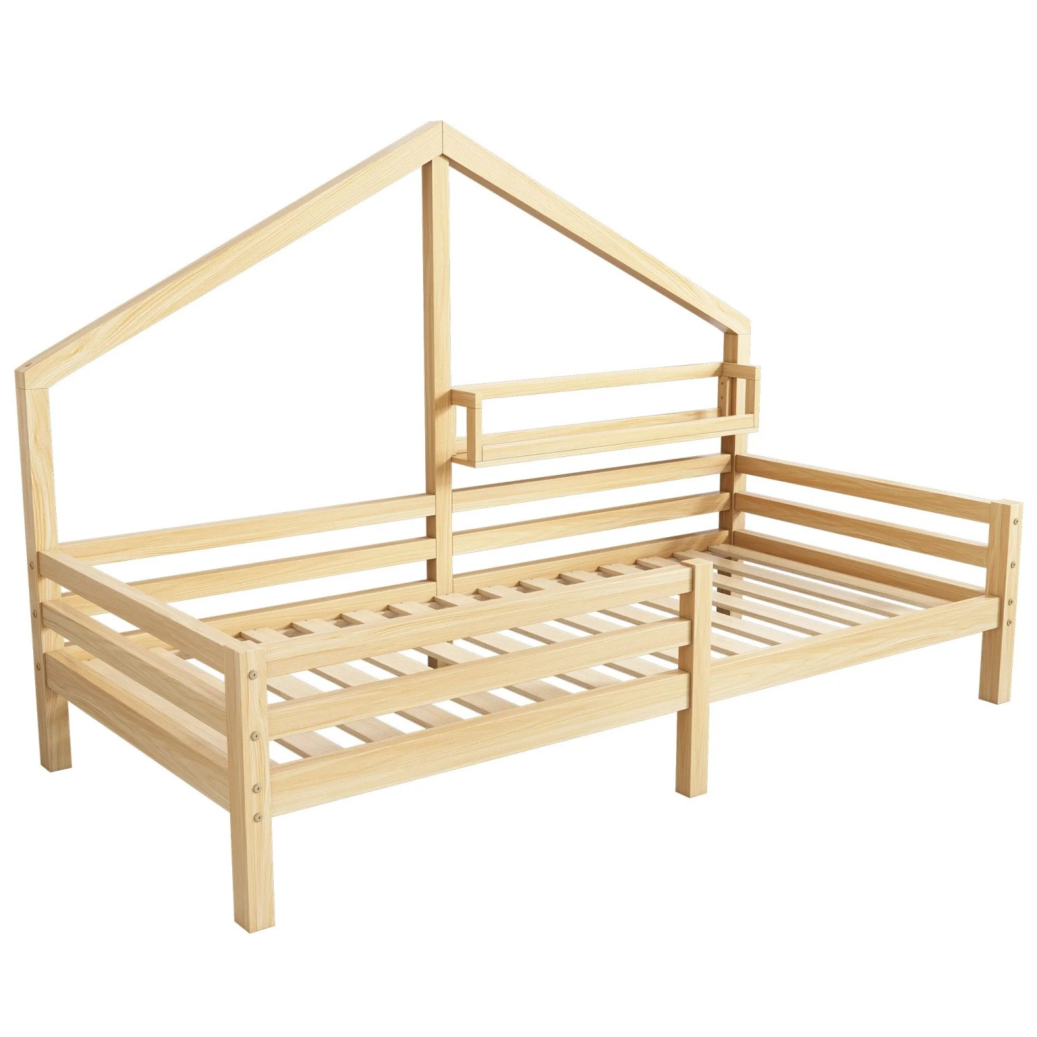 Merax Hausbett 90x200 Kinderbett mit Ablageregal Kaminform Massivholz Natur