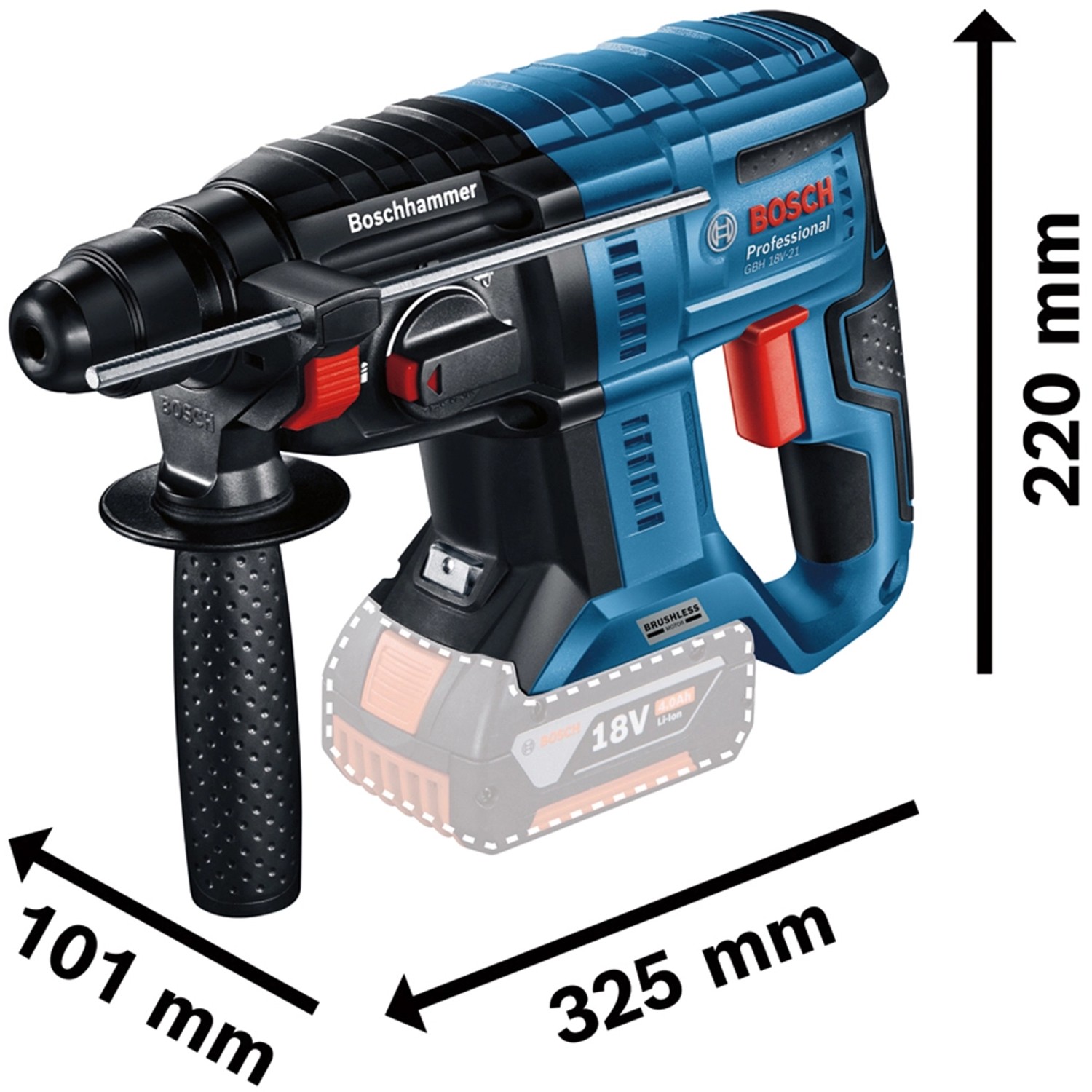 Bosch Professional GBH 18V-21 Akku-Bohrhammer mit Maßen 220x101x325 mm, Teil des Combi-Kits.