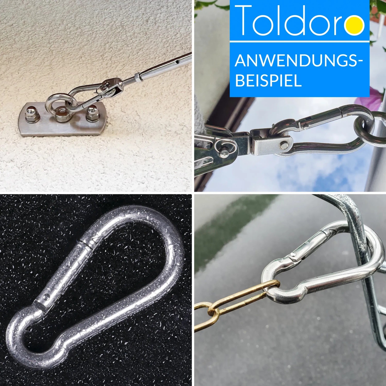 Toldoro Edelstahl Karabinerhaken 10x100mm, 5er Set, verschiedene Anwendungsbeispiele.