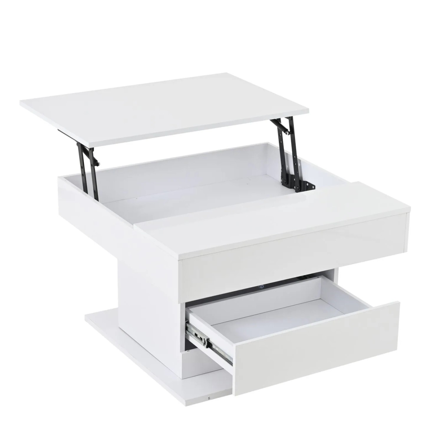 PXloue Couchtisch Weiß 70 x 70 cm Höhenverstellbar Drehbar mit Schublade  Hochglanz