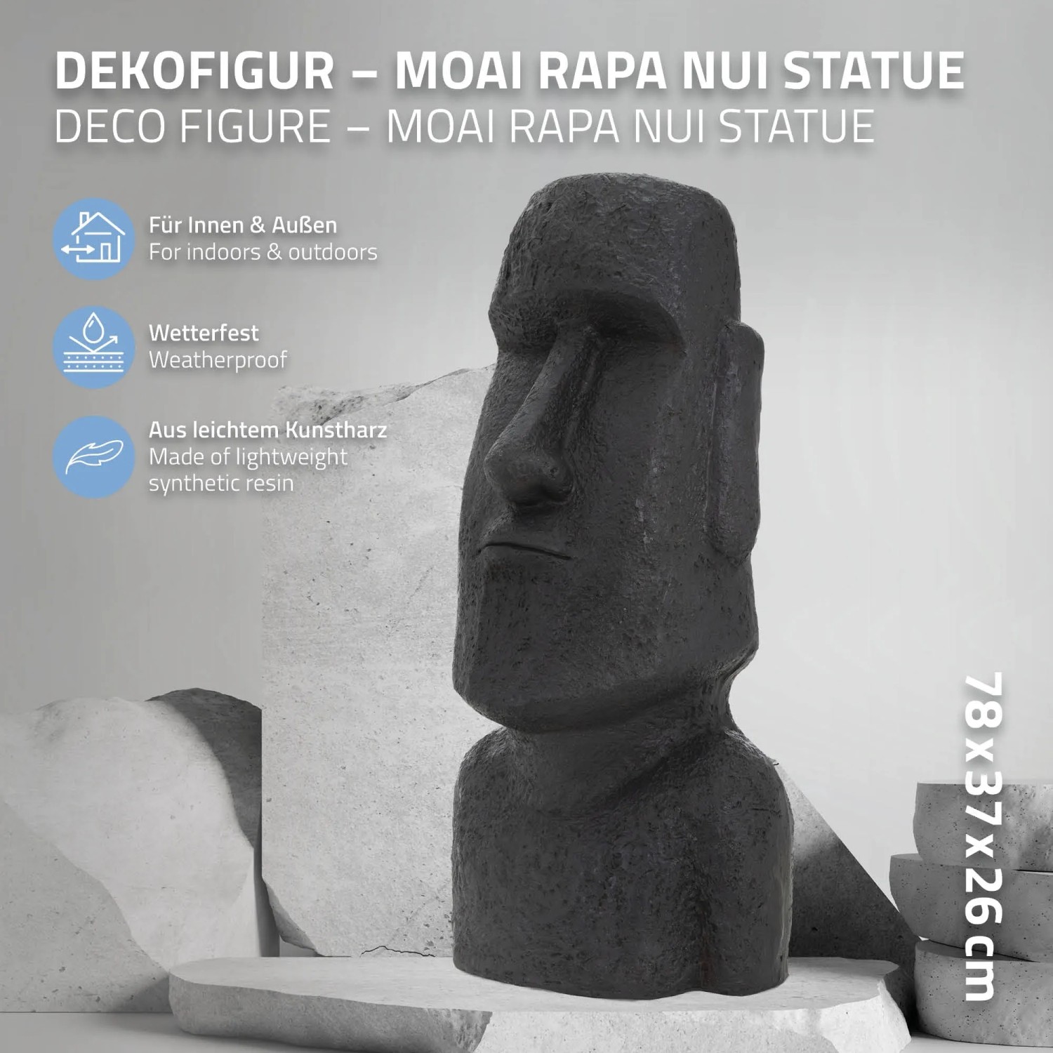 Anthrazitfarbene Moai Figur Rapa Nui (78cm) aus Kunstharz für Innen & Außen.