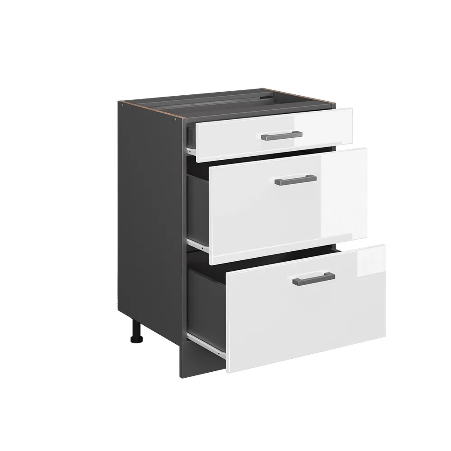 Vicco Küchenunterschrank R-Line, 60 cm, Weiß Hochglanz/Anthrazit mit Schubladen und AP Eiche Dekor.