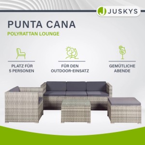 Grau melierte Polyrattan Lounge Punta Cana L mit Sofa, Sessel, Hocker und Tisch für den Garten.