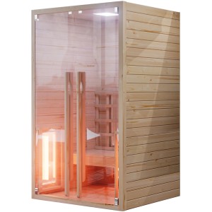 Eilo Infrarotkabine EL 102 aus Fichte, 120x90,4x190 cm, mit Glasfront und Rotlicht-Magnesium-Strahlern.