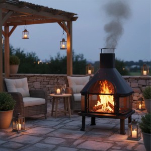 Schwarzer Terrassenofen mit brennendem Holzfeuer und Rauch auf einer gepflasterten Terrasse am Abend. Ideal für gemütliche Outdoor-Abende.