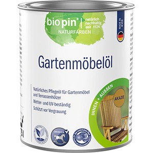 Dose Biopin Gartenmöbelöl Akazie, farblos, für Holzmöbel im Außenbereich.