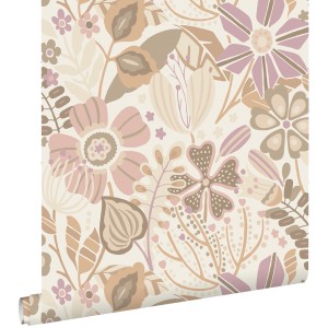 ESTAhome dekorative Vliestapete mit stilisiertem Blumenmuster in Beige und Violett auf Rolle, 53 cm x 10.05 m.