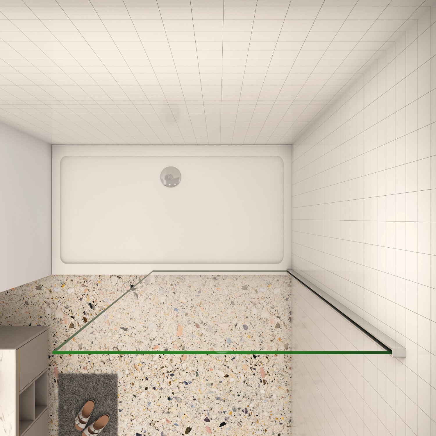 AICA Walk-In Duschkabine mit 8mm ESG Glas, chromfarbener Rahmen, ohne Duschtasse.