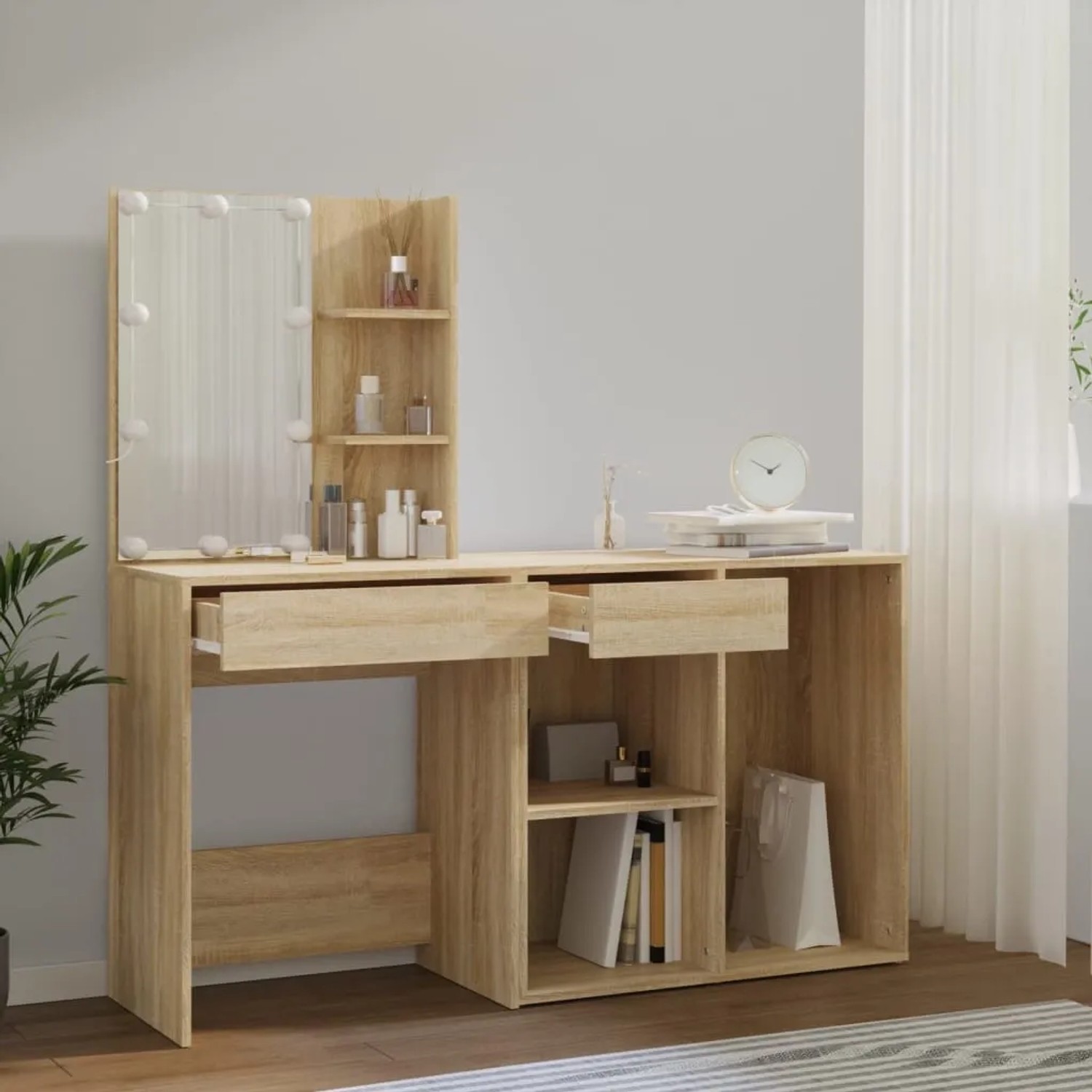 vidaXL LED-Schminktisch mit Schrank, Sonoma-Eiche, Holzwerkstoff, mit Spiegel und Schubladen.