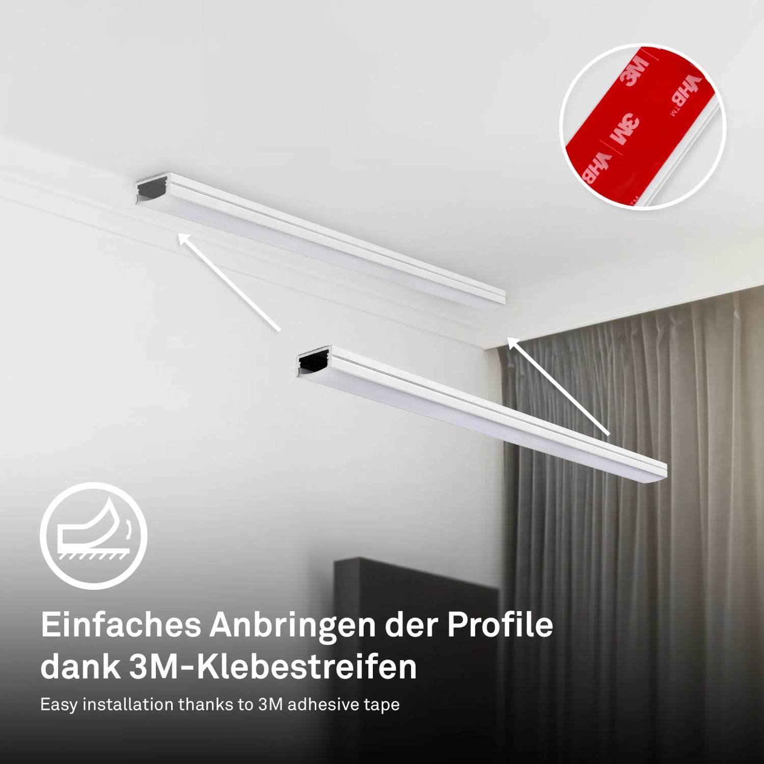 Alu-weißes Briloner LED-Streifen Profil, selbstklebend, 2m, einfache Montage.