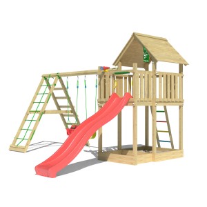 Jungle Gym Spielturm mit Doppelschaukel, Kletterbock und roter Rutsche. Holz natur.