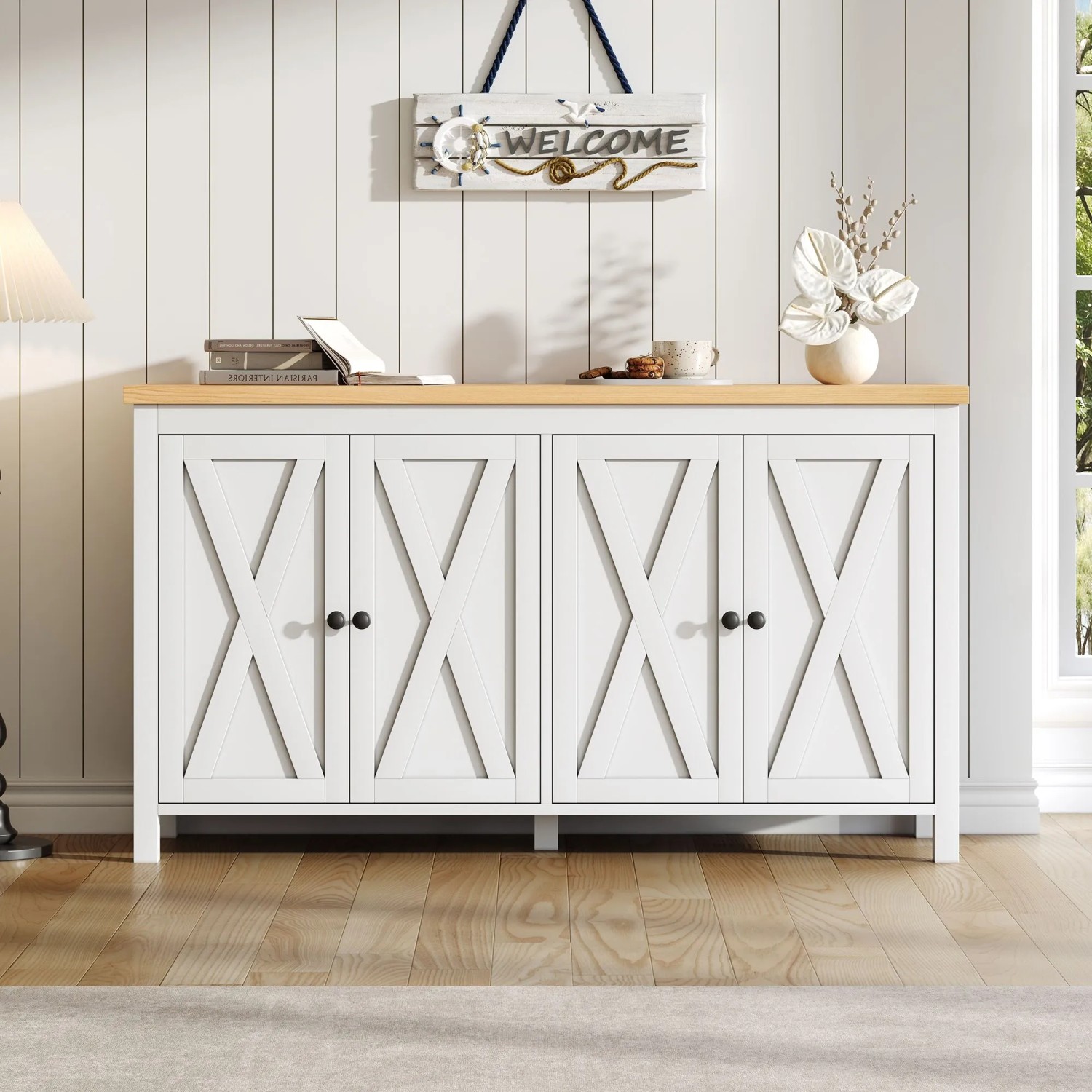 Weißes Merax Sideboard mit Holzplatte, 4 Türen mit X-Design. Geräumiger Wohnzimmerschrank 140x40x78 cm.