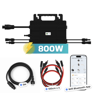 ASTRO Energy 800W Mikro-Wechselrichter für Balkonkraftwerk mit Kabeln und App-Anzeige.
