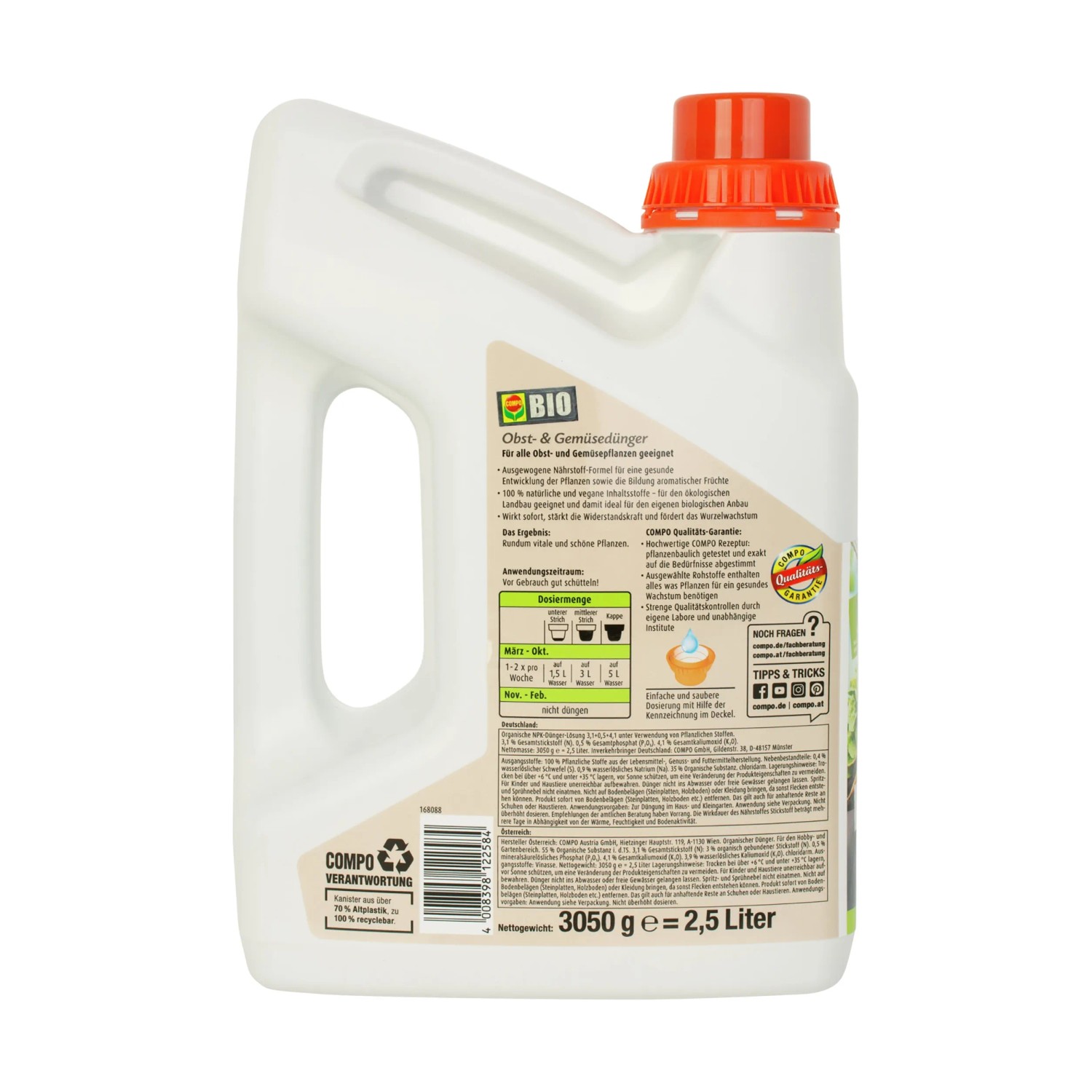 Compo Bio Obst- und Gemüsedünger, 2,5 l Flasche. Organisch-mineralischer Flüssigdünger für gesunde Pflanzen.
