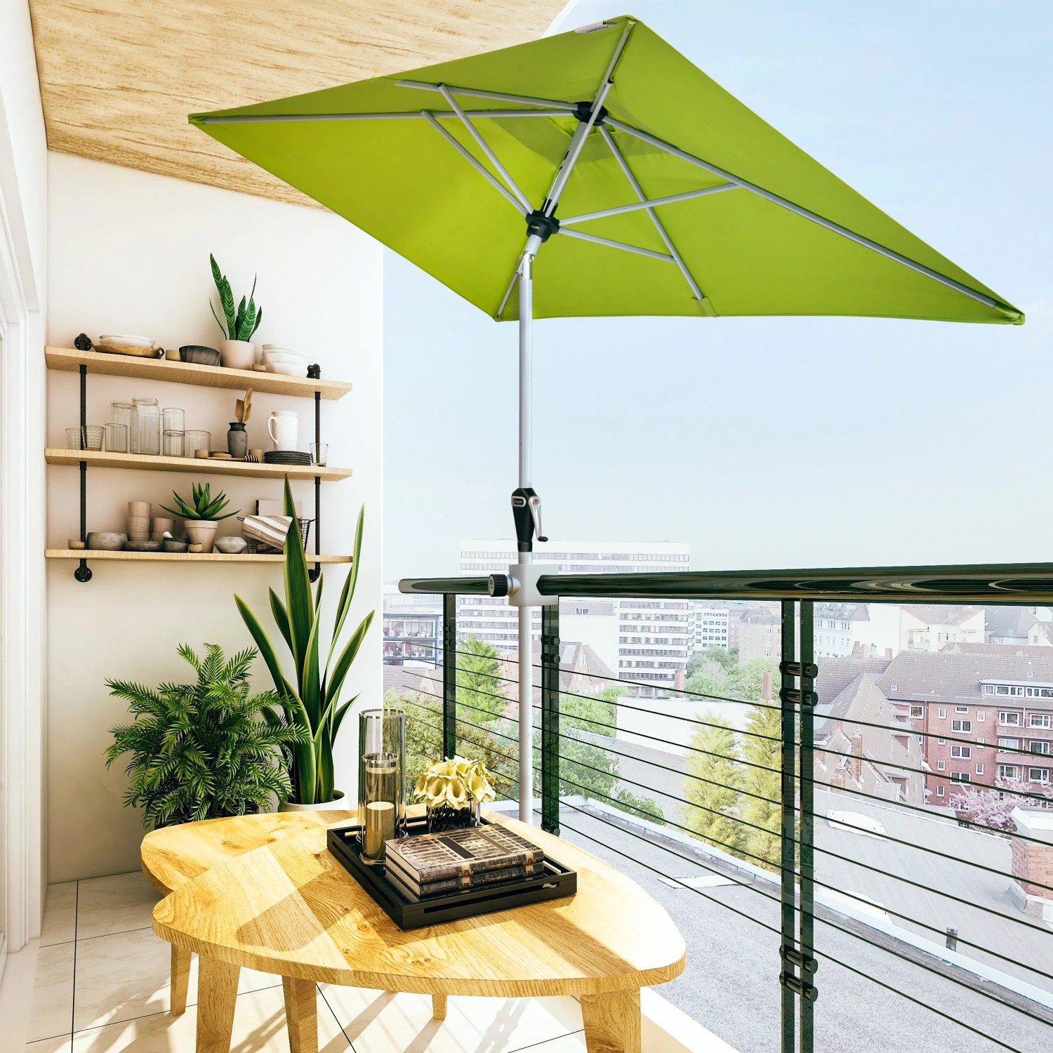Doppler Marktschirm Active, 210x140 cm, Fresh Green, mit Kurbel auf Balkon.