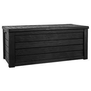 Schwarze Keter Westwood Auflagenbox 570 l mit Holzoptik und Sitzfunktion.