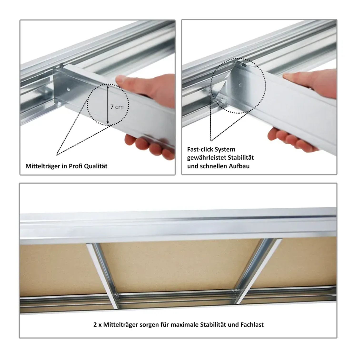 Detailaufnahme PROREGAL Schwerlastregal Dino: Mittelträger, Fast-Click System, MDF-Holzplatten für hohe Stabilität.