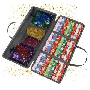 Graue Geschenkpapier Aufbewahrungstasche mit Geschenkpapierrollen und Zubehör in Netztaschen.