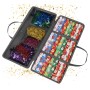 Graue Geschenkpapier Aufbewahrungstasche mit Geschenkpapierrollen und Zubehör in Netztaschen.