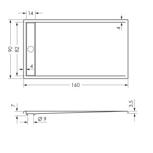 Technische Zeichnung: Steinkamp Duschwanne Living, 160x90 cm, superflach, mit Ablaufrinne.
