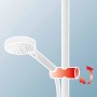 Detailaufnahme Duschsystem Rain Classic Goldoptik: Verstellbare Halterung mit rotem Pfeil.