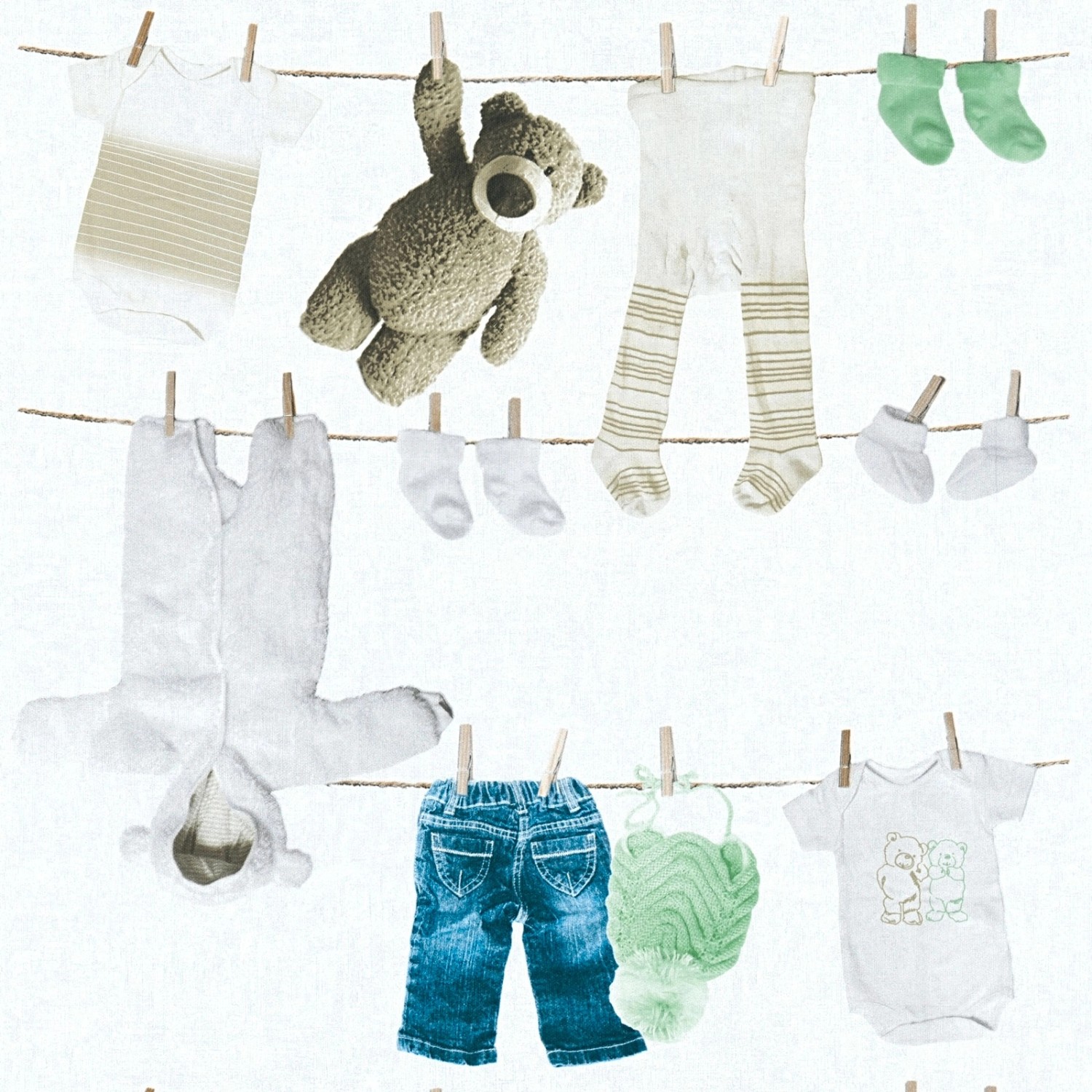 Bricoflor Babyzimmer Tapete Neutral Vlies Kindertapete in Hellgrün Ideal für Mädchen und Jungen Babytapete mit Teddybär 