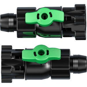 Tetra Durchflussventil EX 1200 für Außenfilter, 2 Absperrhähne aus schwarzem Kunststoff mit grünen Griffen.