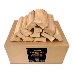 PINI Brennholz Buche 10 kg ohne Rinde in Karton, ca. 25 cm Scheite für Grill, Kamin, Pizzaofen.