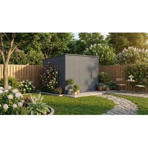 Modernes, anthrazitfarbenes Weka Metall-Gerätehaus Gary (292x298 cm) im Garten.
