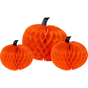 3-teiliges Halloween Deko Set: Kürbisse aus Wabenpapier in Orange, Größen 16-30cm.