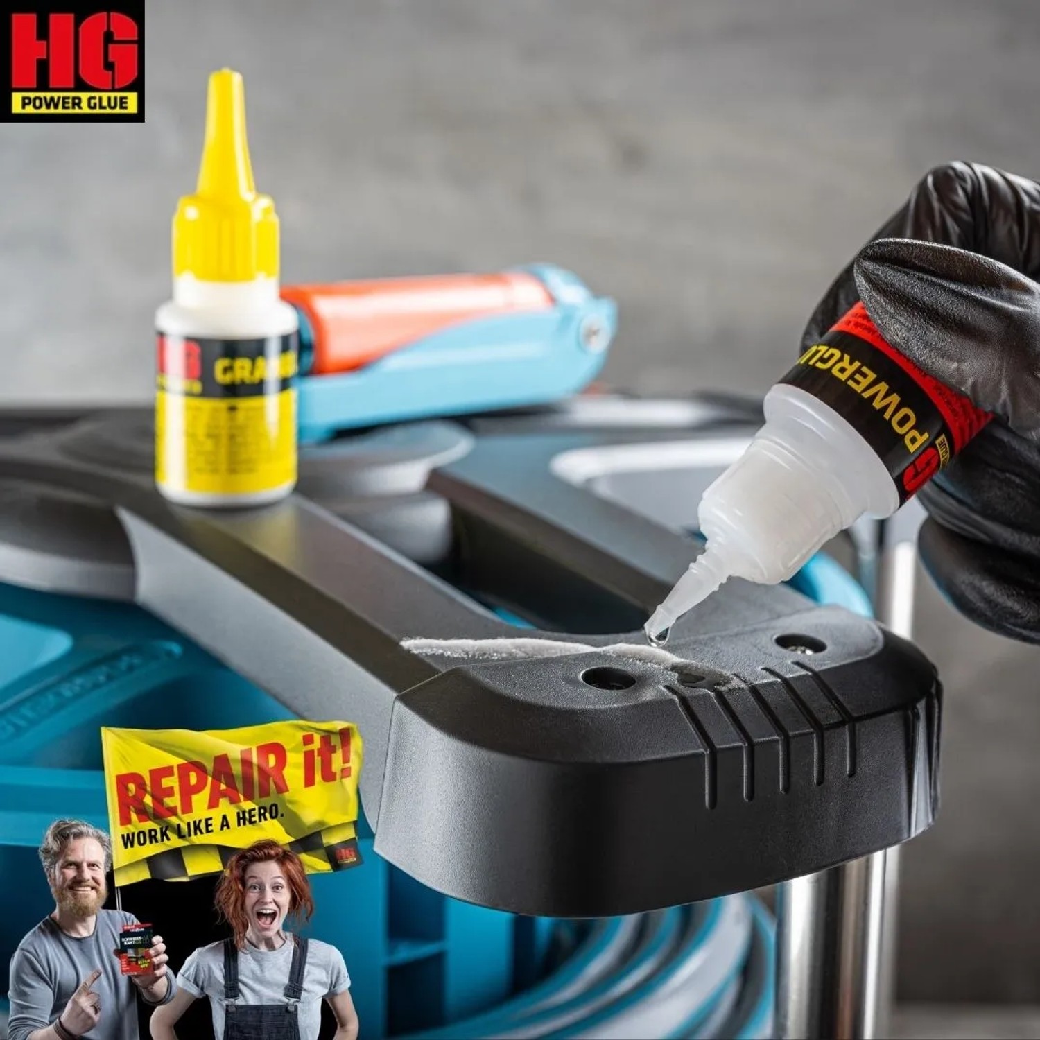 HG Power Glue Kleber Set: Industriekleber und Granulat für Reparaturen im Haushalt, Garten und Werkstatt.