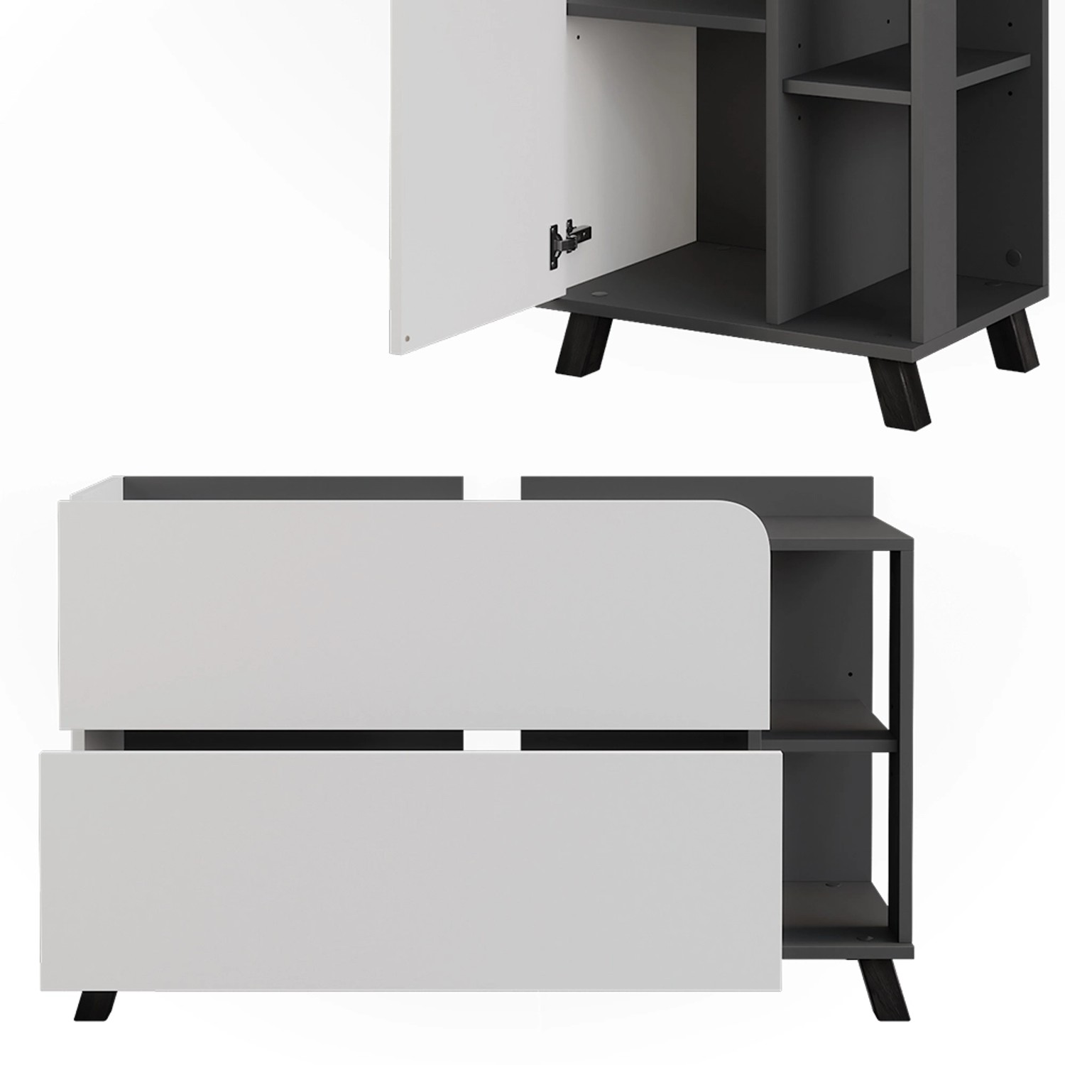 Vicco Badmöbel-Set Karen, 3-teilig in Anthrazit/Weiß, bestehend aus Waschbeckenunterschrank, Spiegelschrank und Hochschrank.