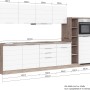 Moderne Küchenzeile (300 cm) in Weiß-Wotaneiche Optik mit E-Geräten. Einbauküche mit Backofen, Induktionskochfeld, Kühlschrank und Geschirrspüler.